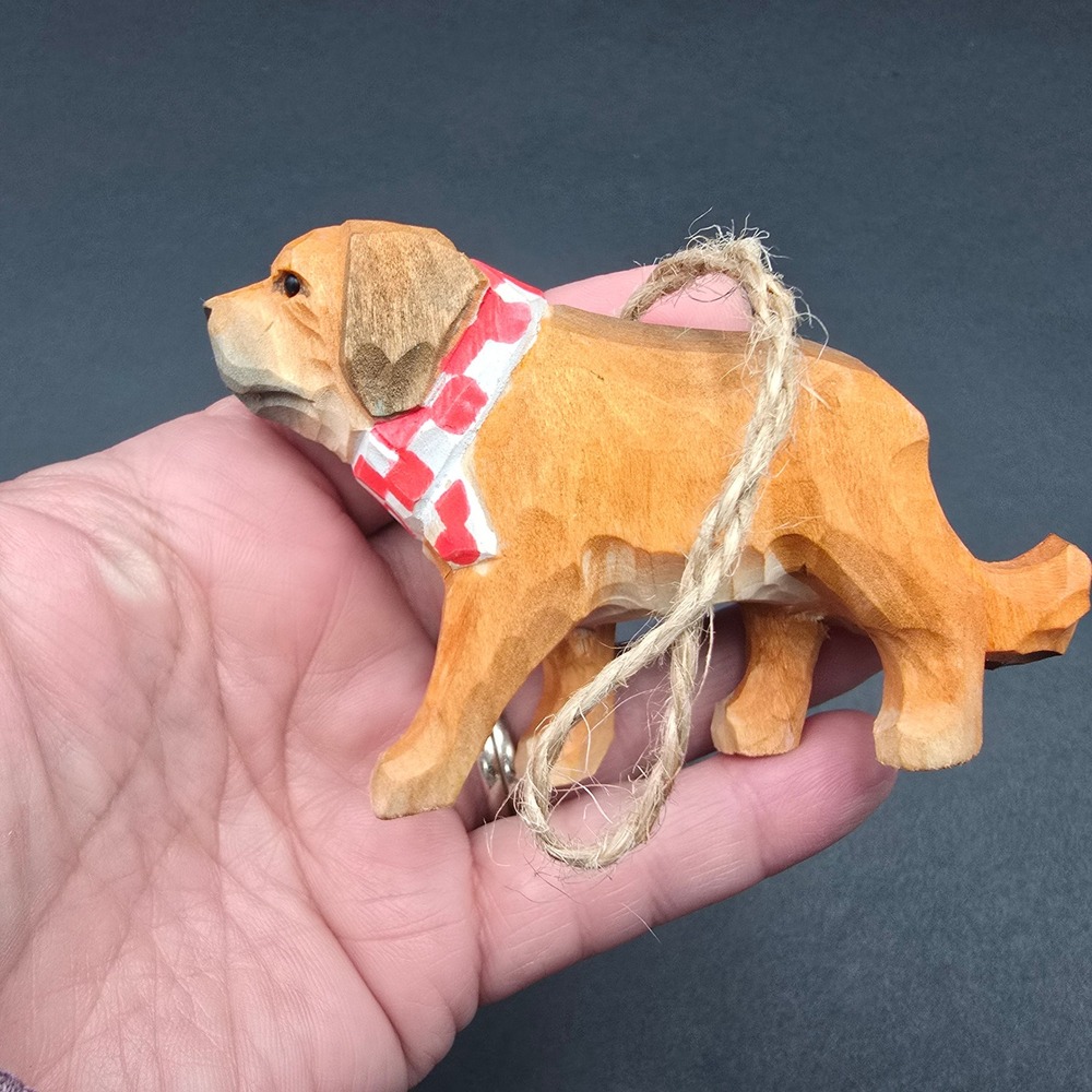 Hand Carved Wood Golden Retriever Dog Ornament Red Checkered Bandana Folk Art